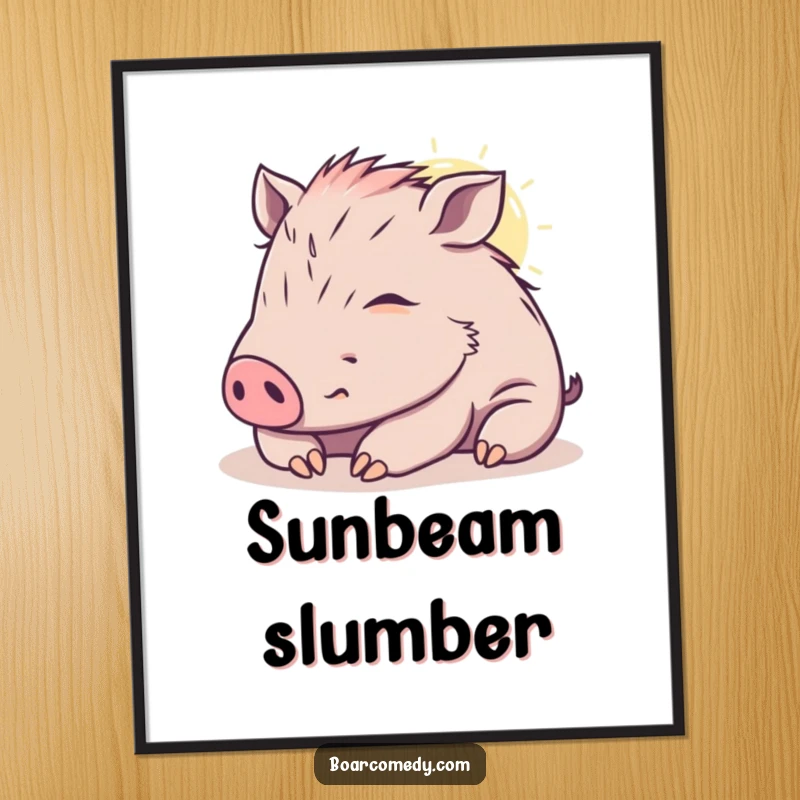 Funny kawaii boar poster art of a content boar peacefully napping in a warm sunbeam, radiating pure serenity.