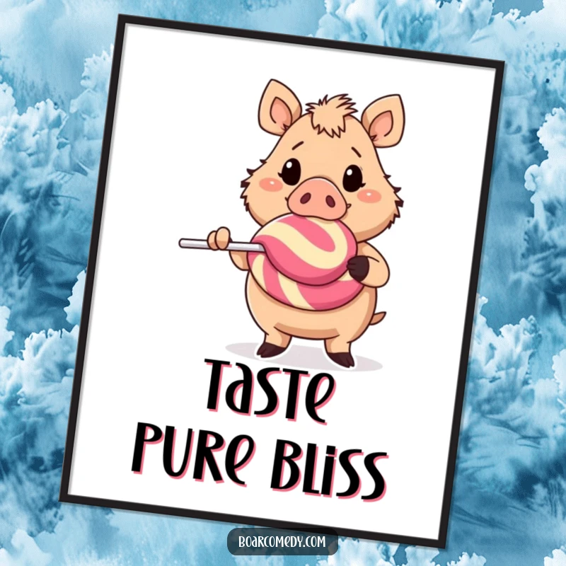 Funny cheerful boar character holding a gigantic lollipop, creating whimsical and joyful wall art for any space.