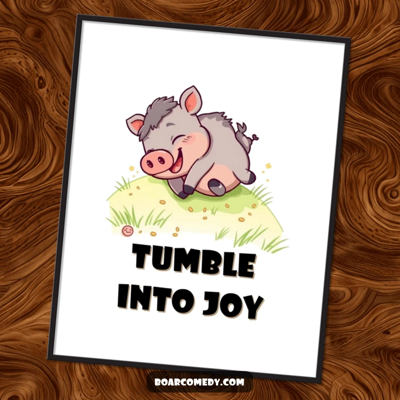 Funny kawaii boar poster art of a boar giggling uncontrollably while rolling down a bright green, sunny grassy hill.