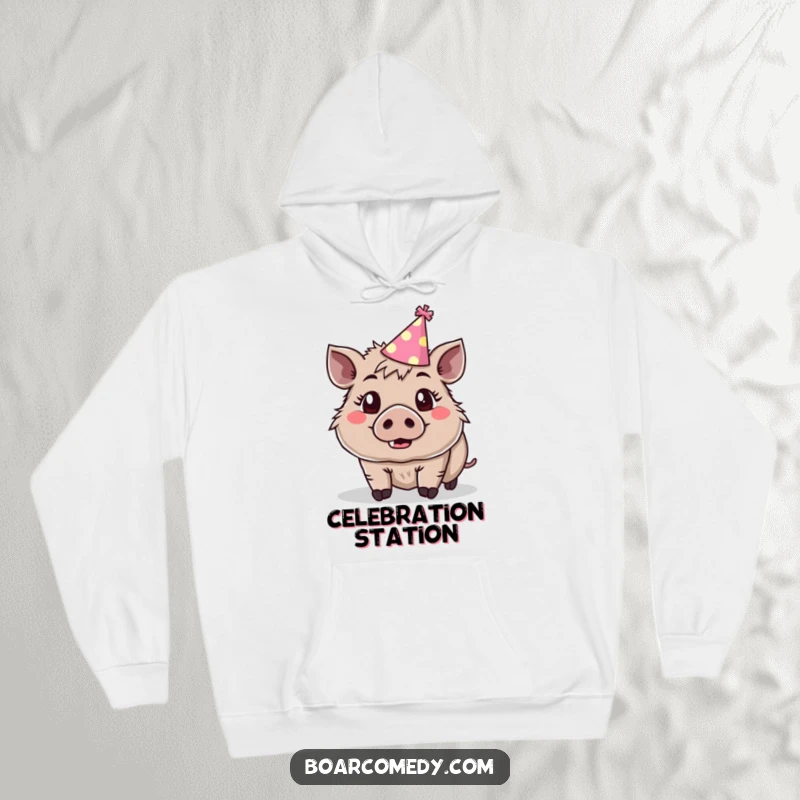 Funny cute boar wearing a tiny party hat, eyes wide with surprise and joy, on a hoodie.