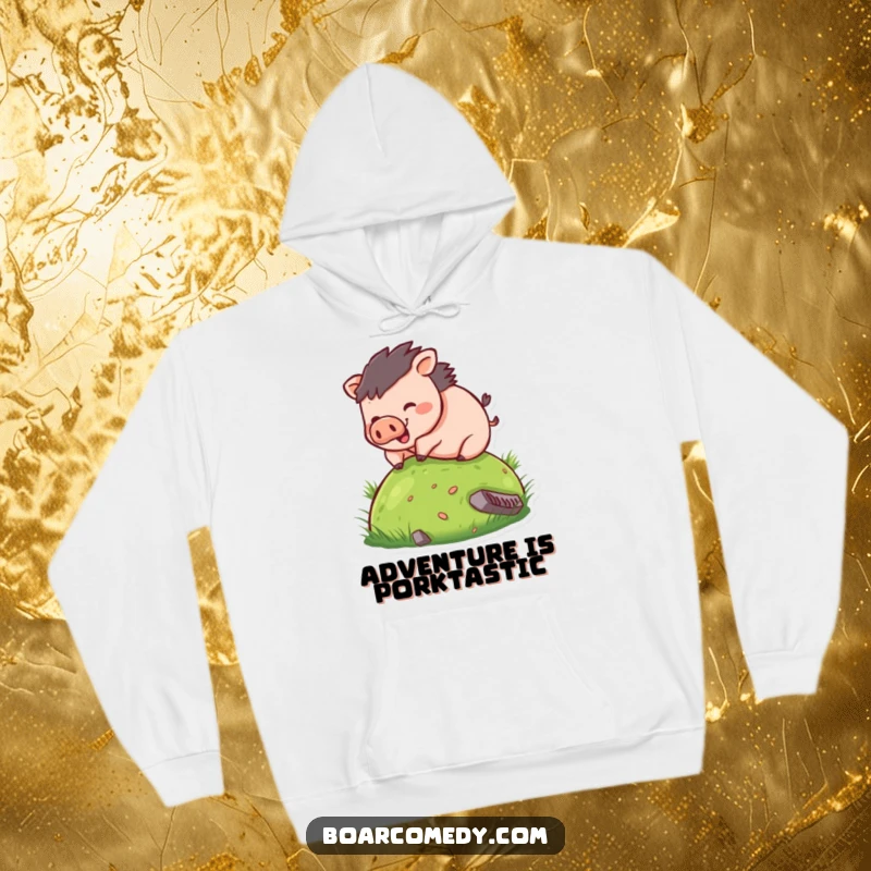 Funny hoodie displaying a small, chubby boar character having a blast rolling down a green hill, spreading pure cartoon amusement.