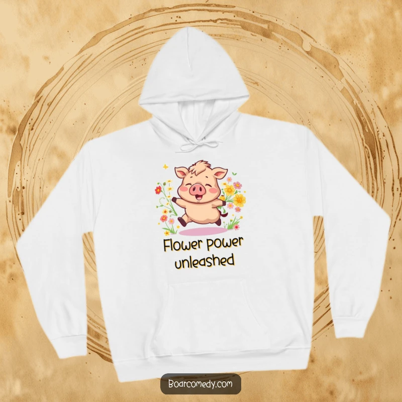 Funny Bouncing Boar Hoodie, a joyful pig surrounded by tumbling wildflowers, offering comfort and cheer. A warm funny gift.