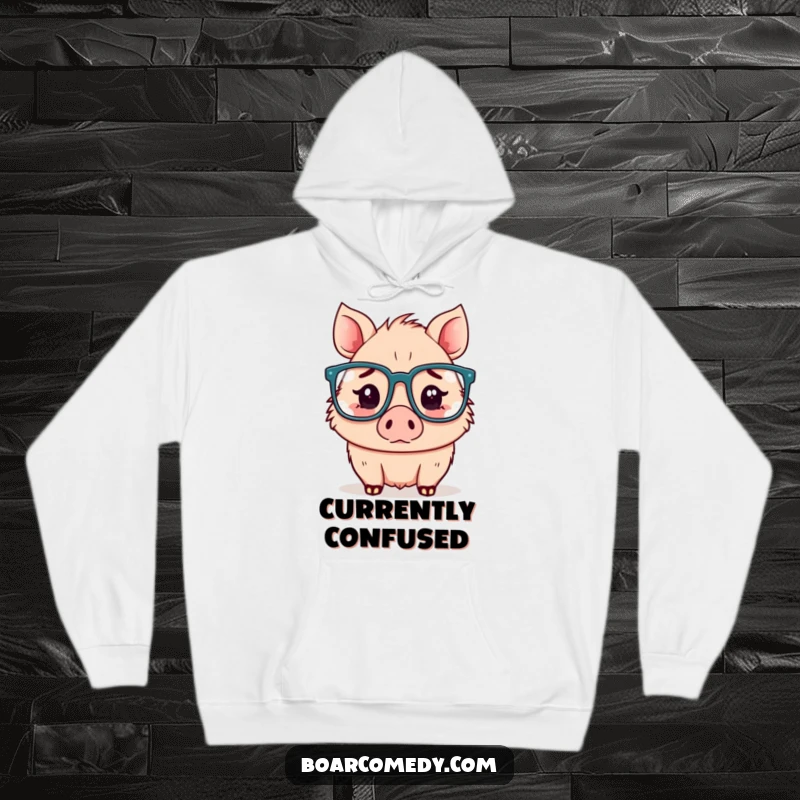 Funny Kawaii boar hoodie, a confused boar sporting oversized glasses, perfect for thinking or relaxing.