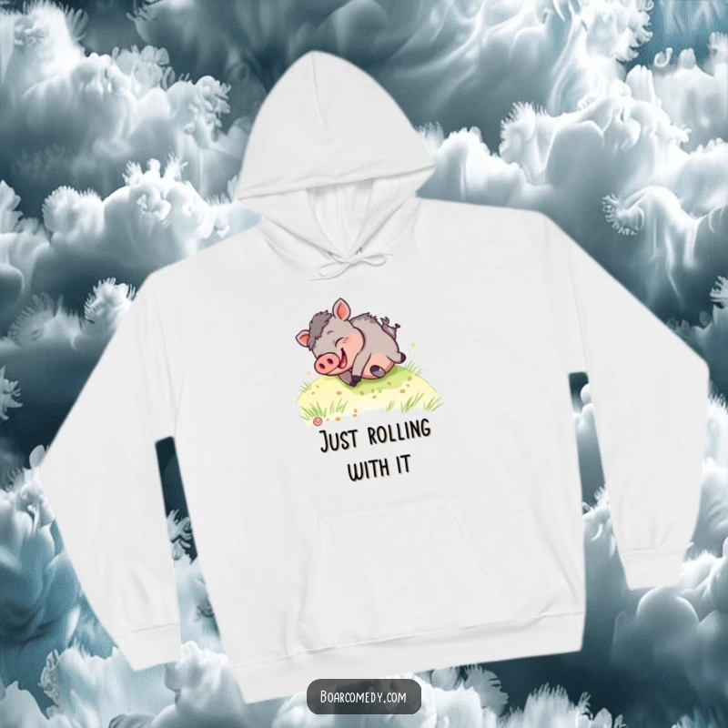 Funny kawaii boar hoodie, depicting a happy boar giggling as it playfully tumbles down a vibrant green grassy hill.