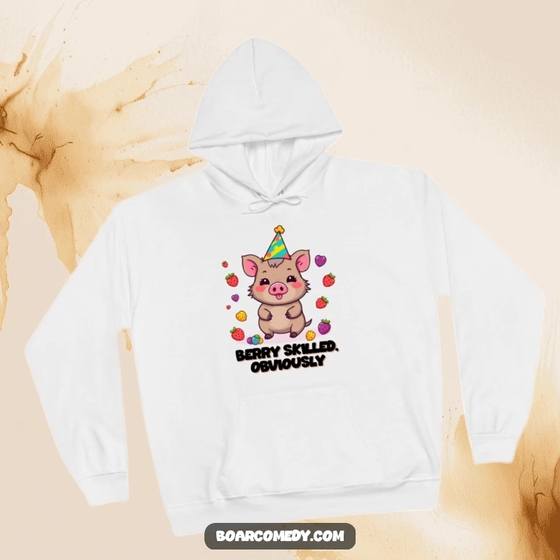 Funny Kawaii Boar Hoodie in a party hat, skillfully juggling a rainbow of berries, radiating pure, unadulterated fun.