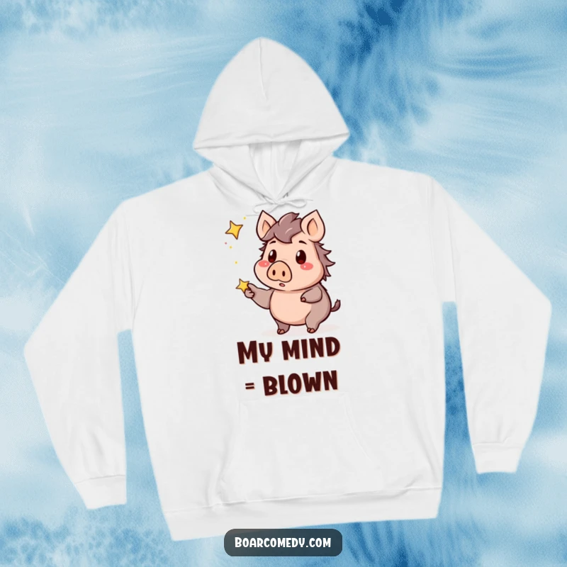 Funny kawaii boar hoodie, depicting a boar with a surprised look, pointing a curious finger towards a shining, twinkling star.
