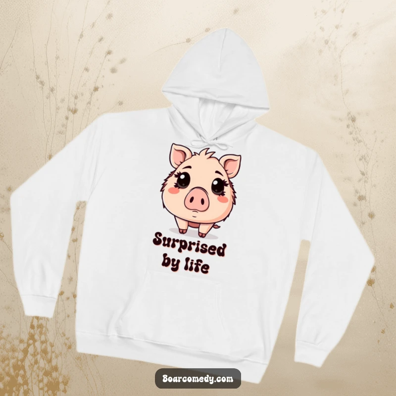 Funny Kawaii boar hoodie, a surprised boar with large, wide eyes, perfect for expressing shock.