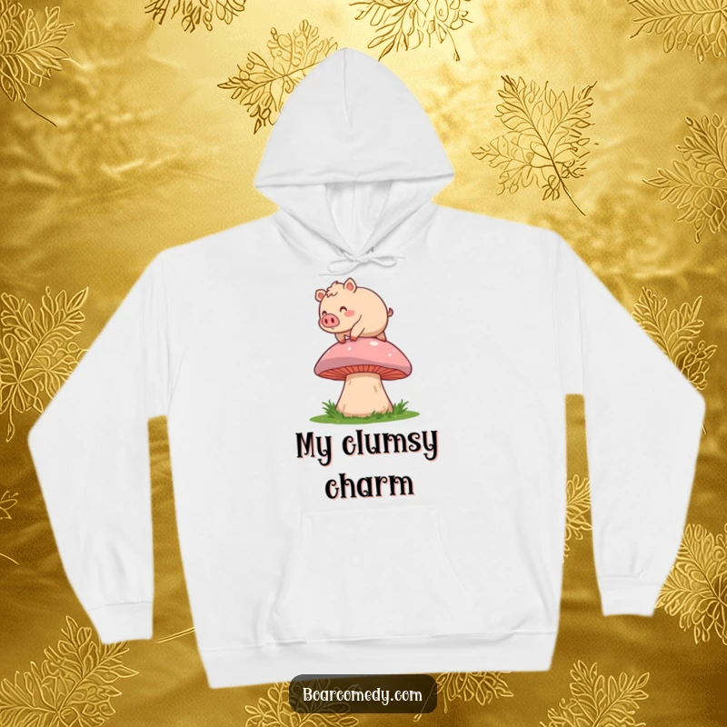 Funny hoodie featuring a roly-poly boar character comically tripping over a massive mushroom, radiating pure, uninhibited joy and clumsiness.