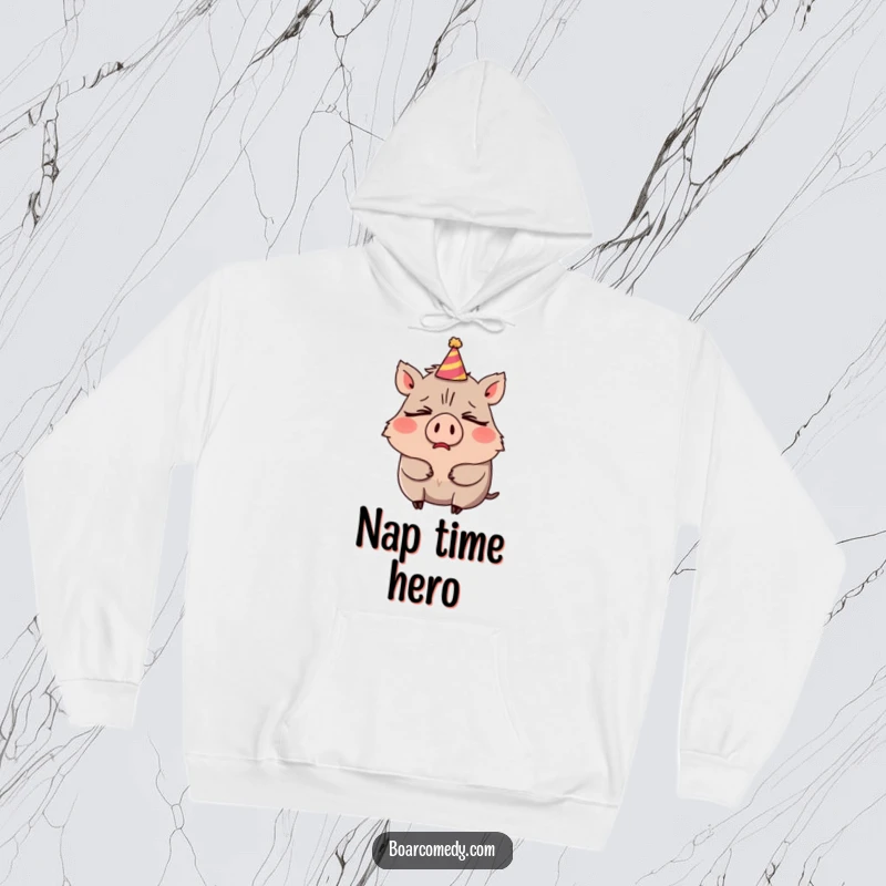 Funny hoodie showing a sleepy boar character letting out a huge, comical yawn, with a tilted party hat.
