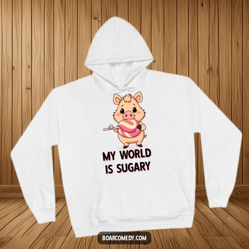 Funny cheerful boar character holding an enormous lollipop, a cozy and fun hoodie design for ultimate comfort and joy.