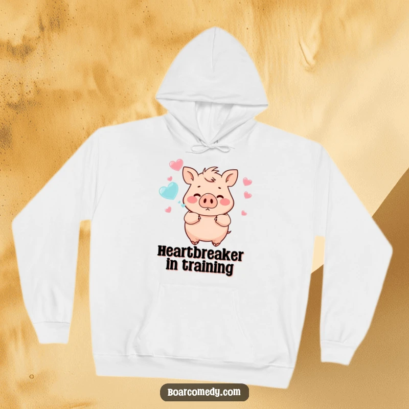 Funny, chubby boar character joyfully blowing heart-shaped bubbles, creating a delightful and heartwarming scene on a cozy hoodie.