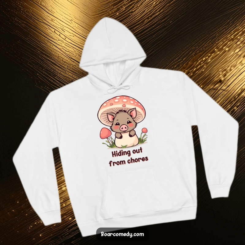 Funny Kawaii Boar Hoodie: A kawaii boar playfully peeks from behind a large mushroom, enjoying a secret hideaway.