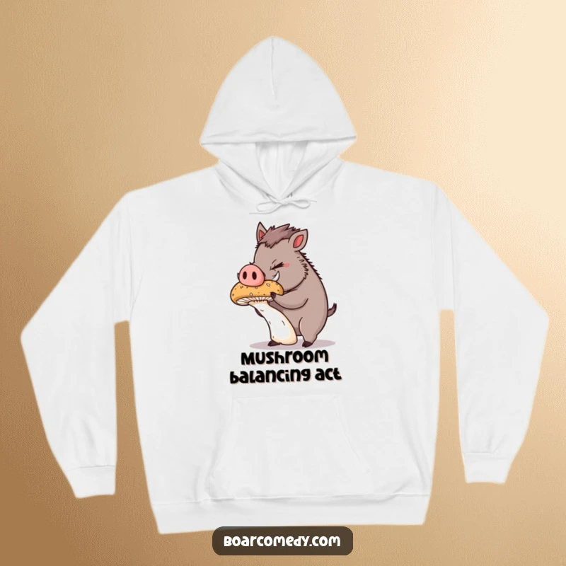 Funny Hoodie: Cute, plump boar with intense concentration, balancing a large, unsteady mushroom on its snout, a comical balancing act.