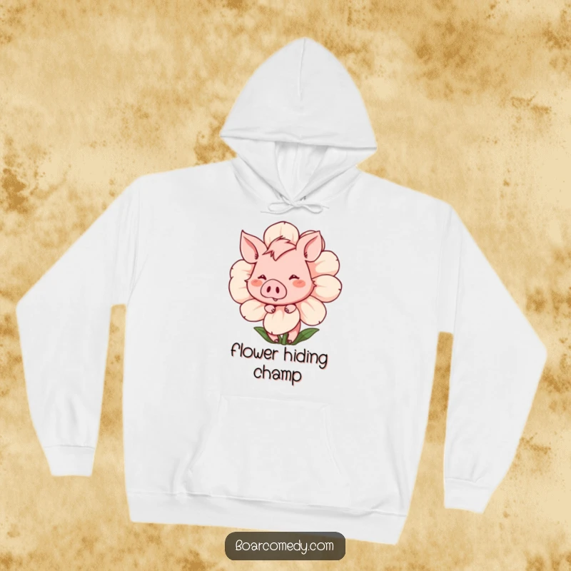 Funny Hoodie: Shy, blushing boar character peeking from behind a large, animated flower, smiling sweetly and adorably.