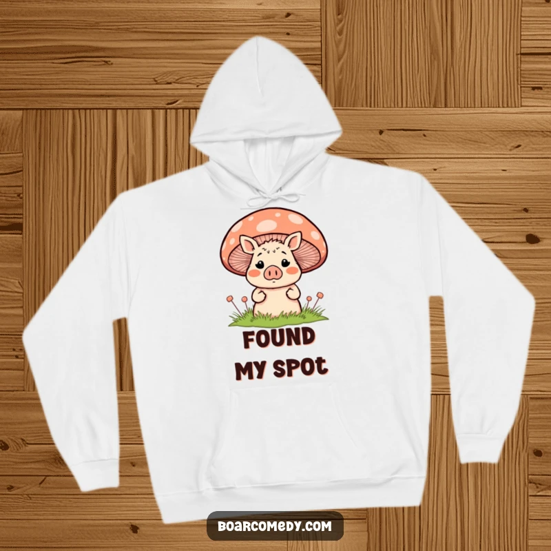 Funny blushing, surprised boar character peeking shyly from behind a large, colorful striped mushroom, printed on a warm and comfortable hoodie.