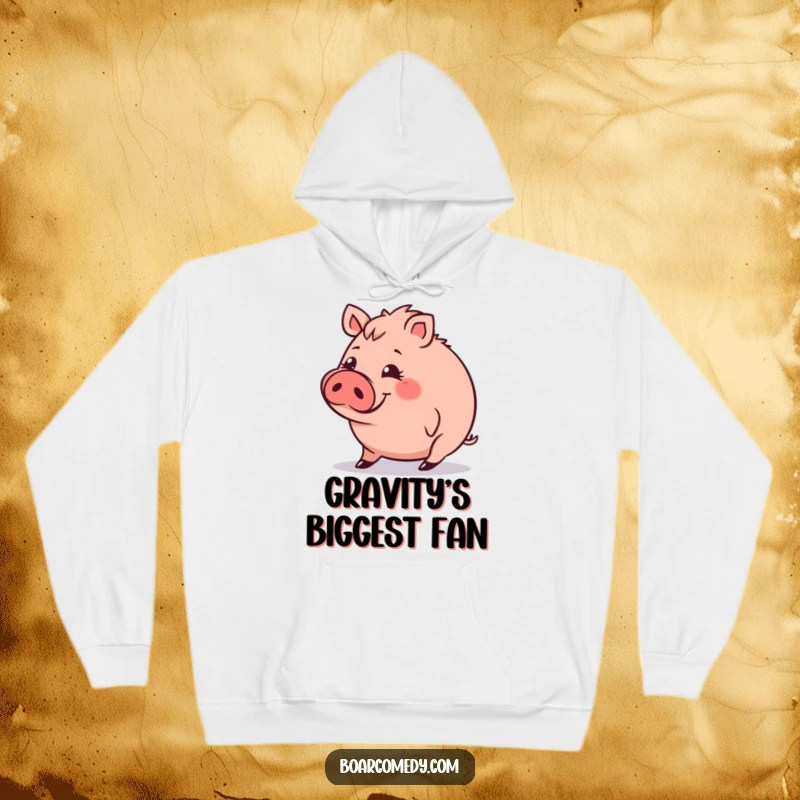 Funny Hoodie: Round boar character with a funny expression, tripping slightly, providing cozy warmth and humorous charm.