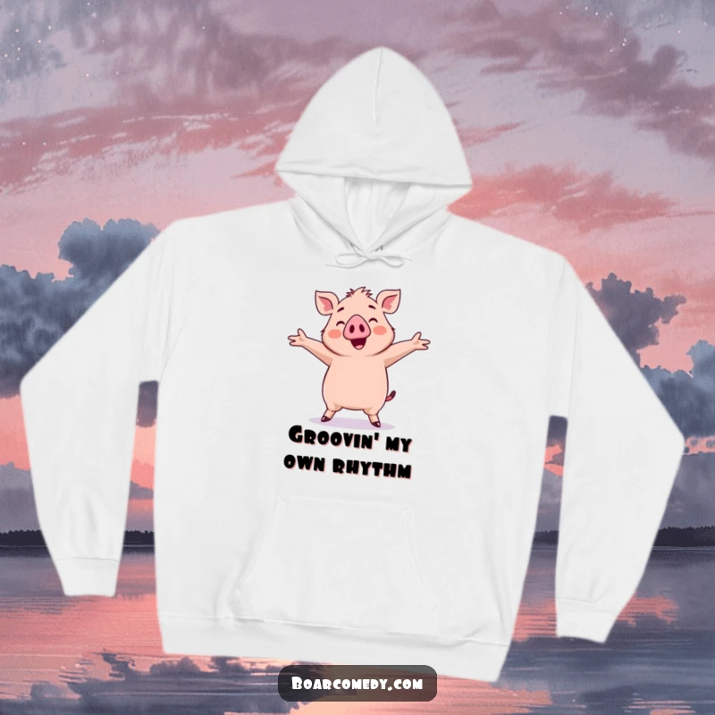 Funny Kawaii Boar Hoodie: A happy kawaii boar is depicted doing a silly dance with its arms thrown out wide in celebration.
