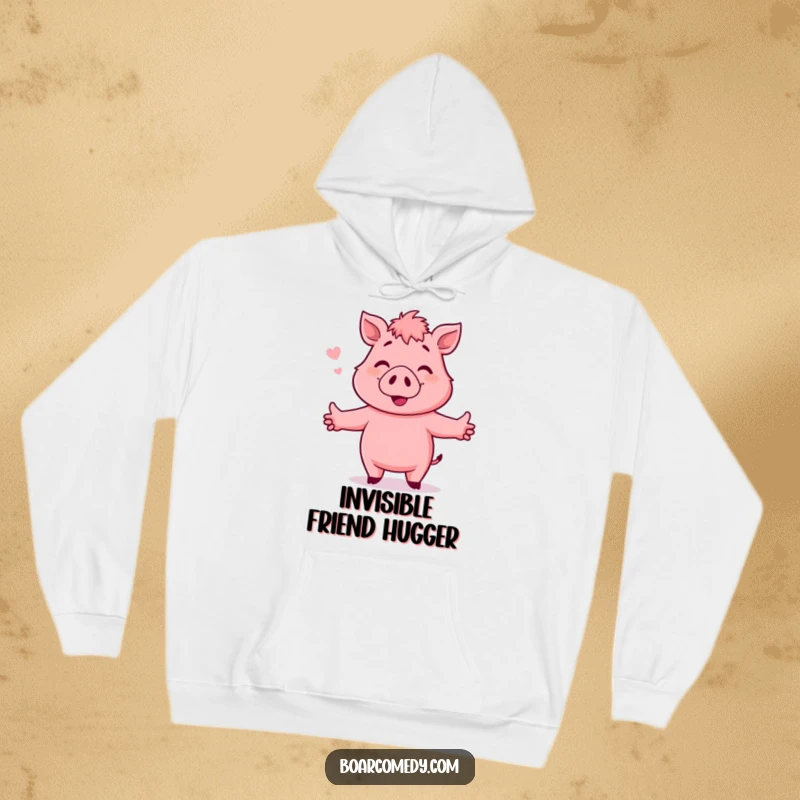 Funny Hoodie: Pink, smiling boar character with arms wide open, ready to give a heartfelt hug, symbolizing warmth.