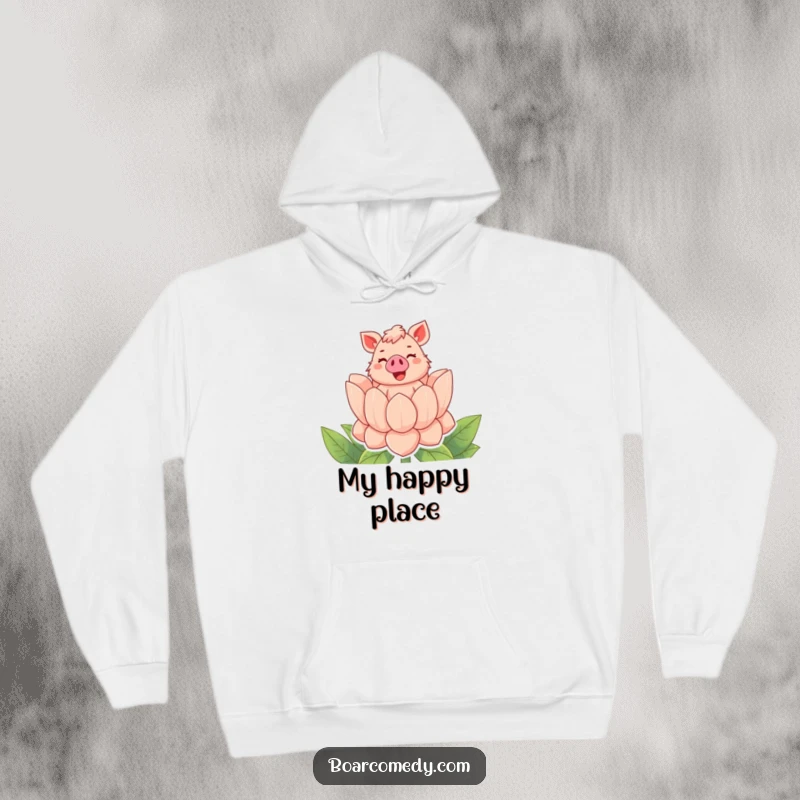 Funny hoodie featuring a bubbly boar character popping out of a giant flower with a cheerful squeal, offering cozy, blooming humor.