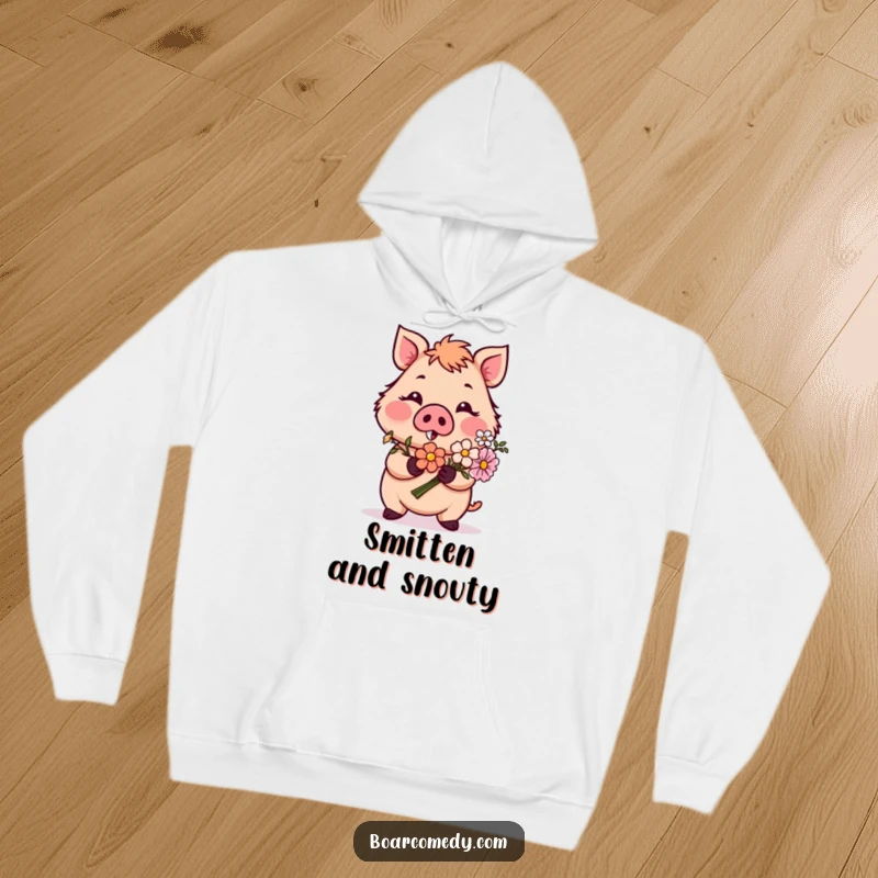 Funny hoodie featuring a blushing boar character tenderly offering flowers, ideal for cozy displays of affection and a great funny gift.