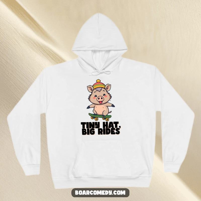 Funny cozy hoodie featuring a cheerful boar in a tiny hat riding a skateboard, perfect for laid-back vibes.