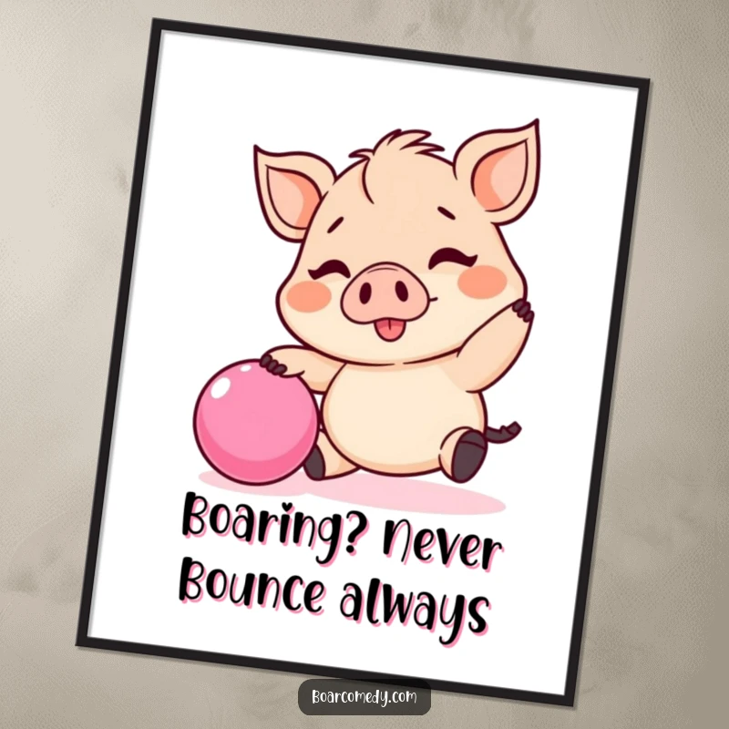 Funny Free Printable Wall Art: A tiny Kawaii boar happily bounces a pink ball, creating a joyful scene.