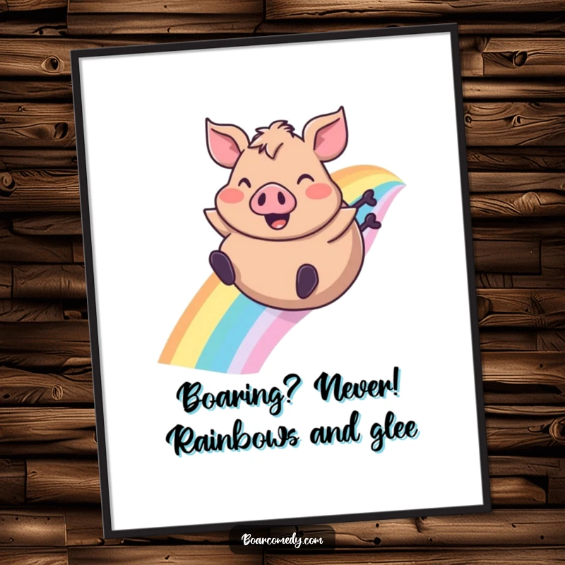 Funny Free Printable Wall Art: Plump boar in mid-air, sliding down a rainbow with ears flapping, pure bliss.