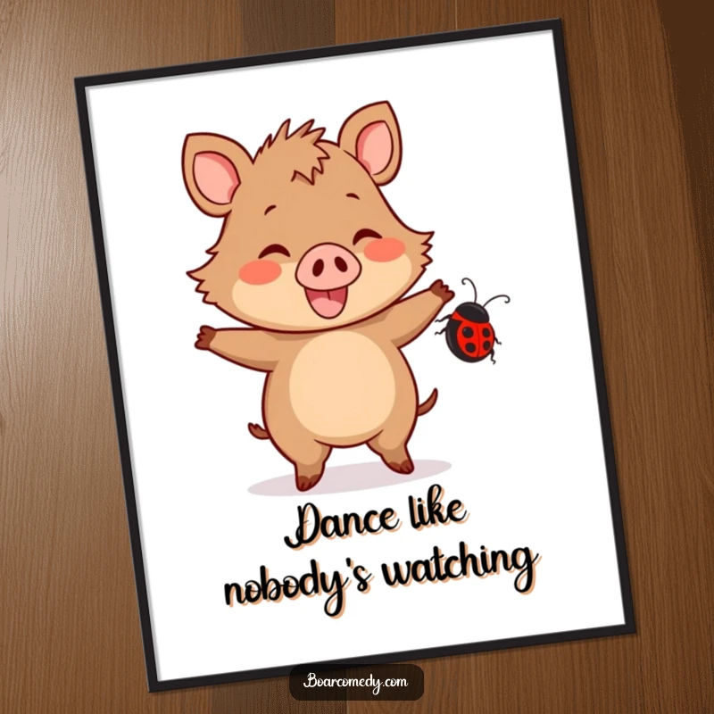 Funny Free Printable Wall Art: Joyful kawaii boar dancing merrily with its ladybug friend, creating a scene of pure, infectious happiness.