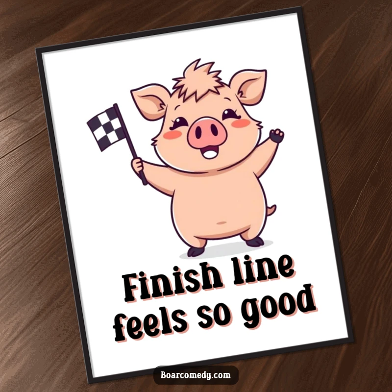 Funny Free Printable Wall Art: Happy kawaii boar enthusiastically waving a small checkered flag, celebrating a win with energetic joy.