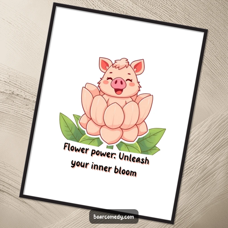 Funny Free Printable Wall Art: A bubbly boar character excitedly pops out of a gigantic, colorful flower with a cheerful sound.