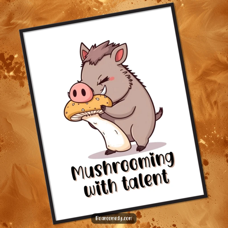Funny Free Printable Wall Art: A cute, plump boar character intensely concentrates while balancing a giant, wobbly mushroom.