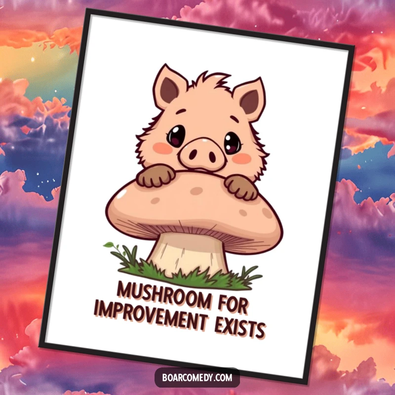 Funny Free Printable wall art of a mischievous boar character peeking over a giant mushroom with wide, curious eyes.