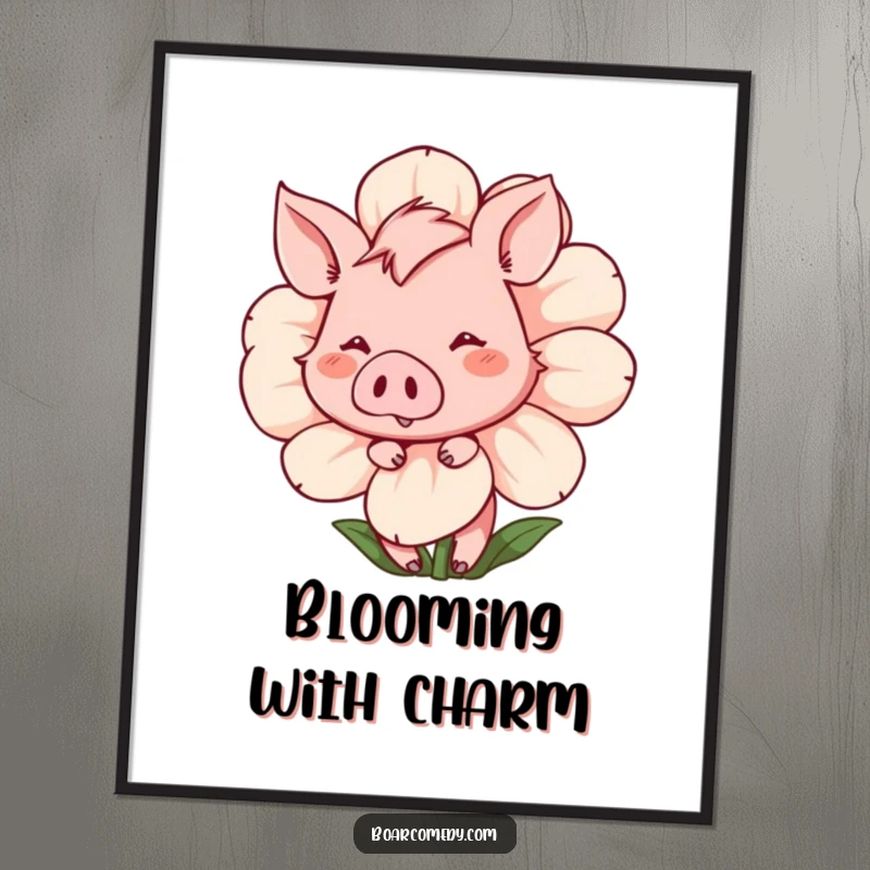 Funny Free Printable Wall Art: A shy, blushing boar character peeks from behind a large animated flower, smiling sweetly.