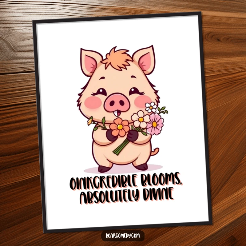 Funny Free Printable Wall Art featuring a shy, blushing boar character holding a sweet bouquet of flowers.