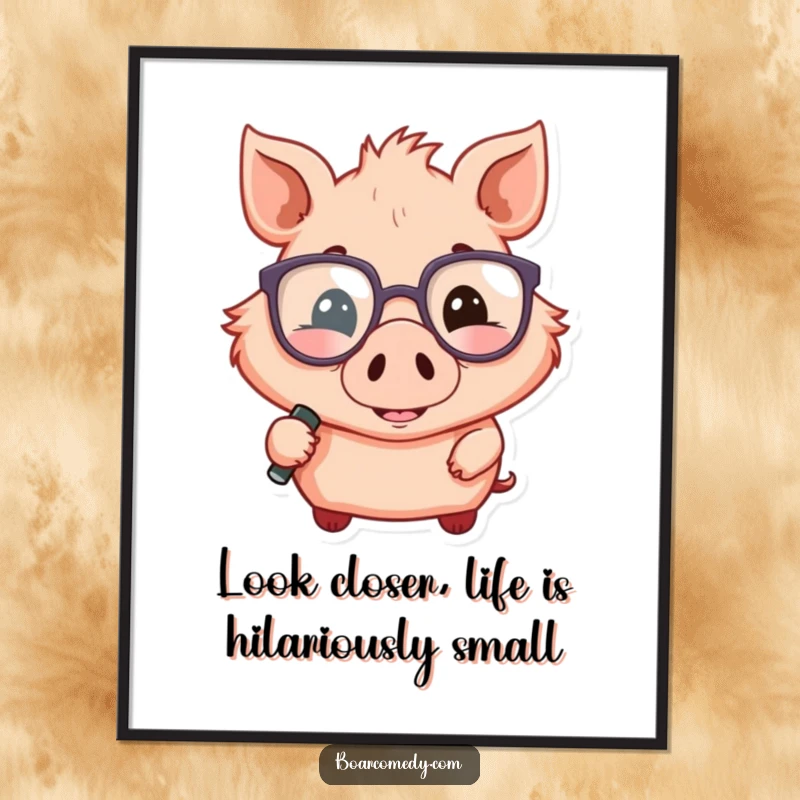 Funny Free Printable Wall Art: A smiling boar in oversized glasses holds a magnifying glass, humorously inspecting the surroundings.