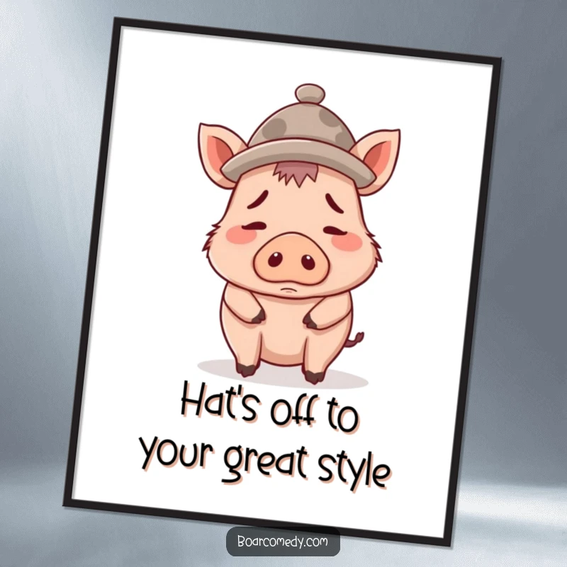 Funny Free Printable Wall Art: A confused boar character wears a tiny hat that is comically too big for its head.