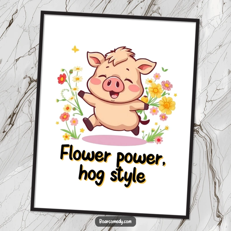 Free Printable Wall Art: A vibrant, joyful boar bounces ecstatically, with a delightful explosion of wildflowers tumbling around.