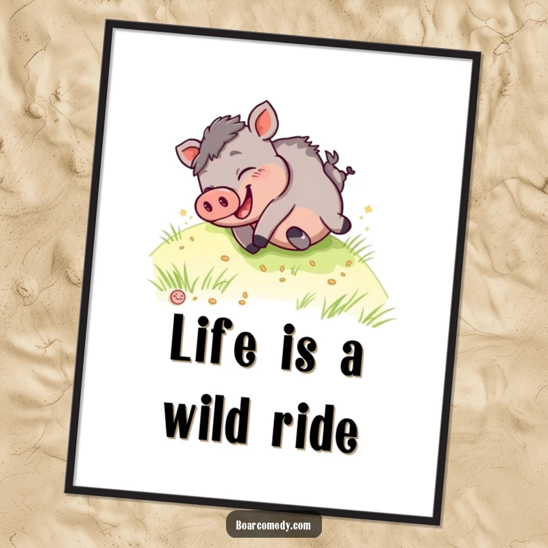 Funny Free Printable Wall Art: Giggling kawaii boar rolling hilariously down a grassy hill, capturing pure joy and laughter.