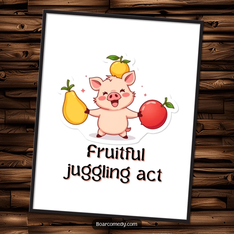 Funny Free Printable Wall Art: A happy boar character in mid-air, skillfully juggling three large, colorful fruits.