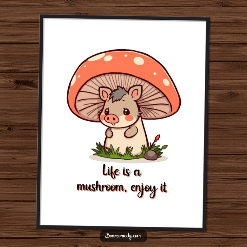 Funny Free Printable Wall Art: Kawaii boar peeking from behind a giant mushroom, whimsical and humorous downloadable art.