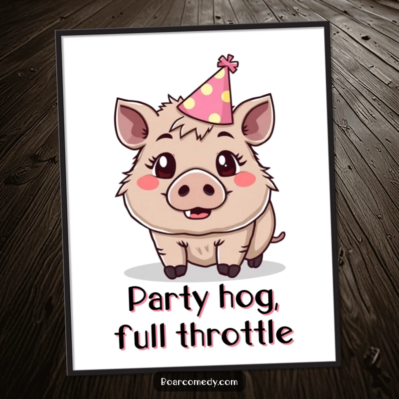Funny Free Printable Wall Art: Cute boar in a tiny party hat, eyes wide with surprise and joy, perfect for decor.