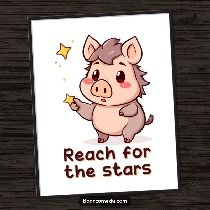 Funny Free Printable Wall Art: Cute kawaii boar, surprised face, pointing at a bright, twinkling star, creating a magical and whimsical scene.