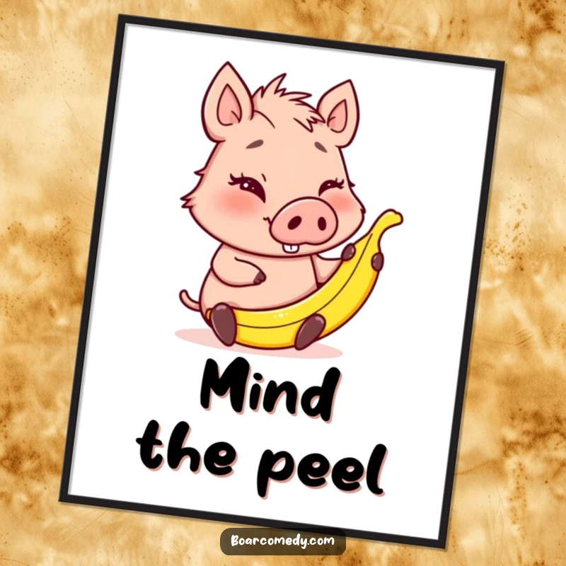 Funny Free Printable Wall Art: A winking boar character holding a tiny banana peel, suggesting a funny prank.