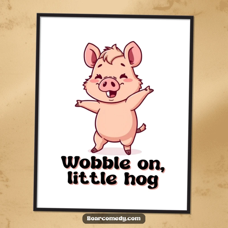 Funny Free Printable Wall Art: Kawaii boar character attempting a comical, wobbly dance move, bringing fun decor.