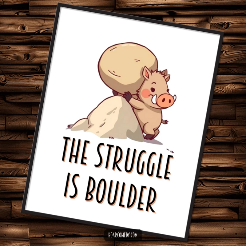 Funny Free Printable Wall Art: Determined boar character intensely pushing a large round stone uphill, showing grit.