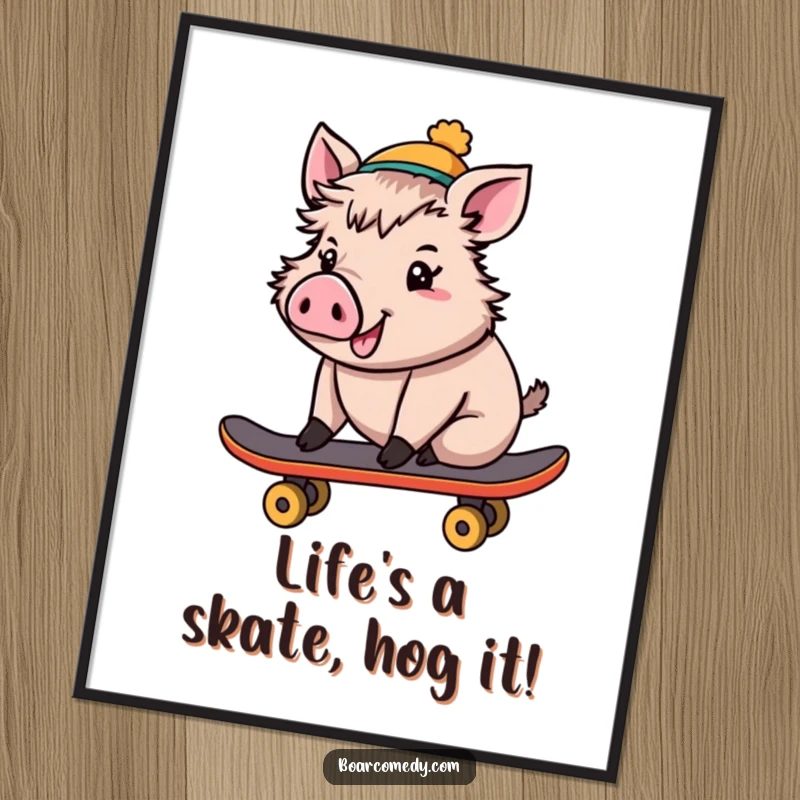 Funny Free Printable Wall Art: A very cheerful boar in a tiny hat, riding a skateboard with enthusiasm, bringing positive vibes.