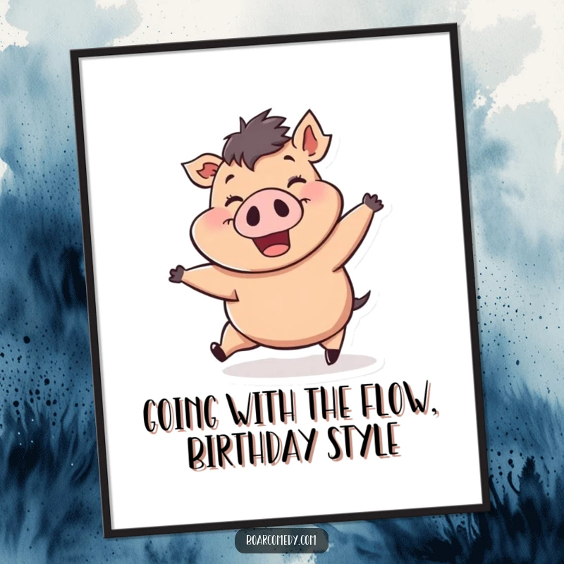 Funny Free Printable Wall Art of a cheerful boar grinning widely while being pushed by a strong gust of wind. Downloadable humor.