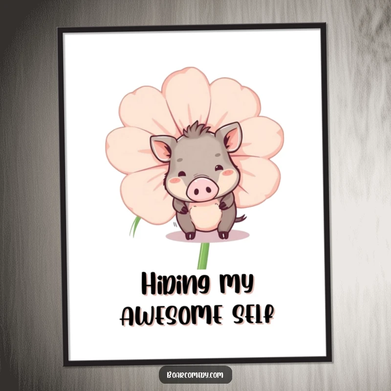 Funny Free Printable Wall Art: Little boar peeking from behind a large, cartoonish flower, adding cute decor.