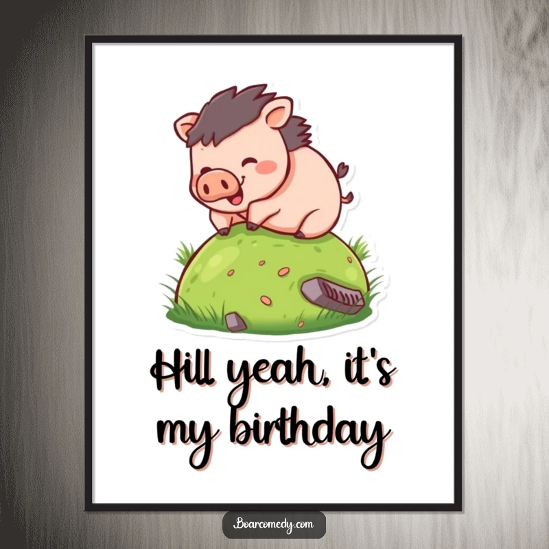 Funny Free Printable wall art of a small, round boar joyfully rolling down a grassy hill, bringing laughter and whimsy.