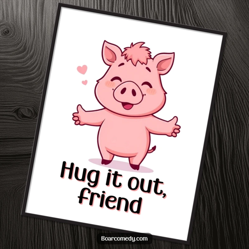 Funny Free Printable Wall Art: A smiling pink boar character with arms outstretched, reaching for an invisible friend.